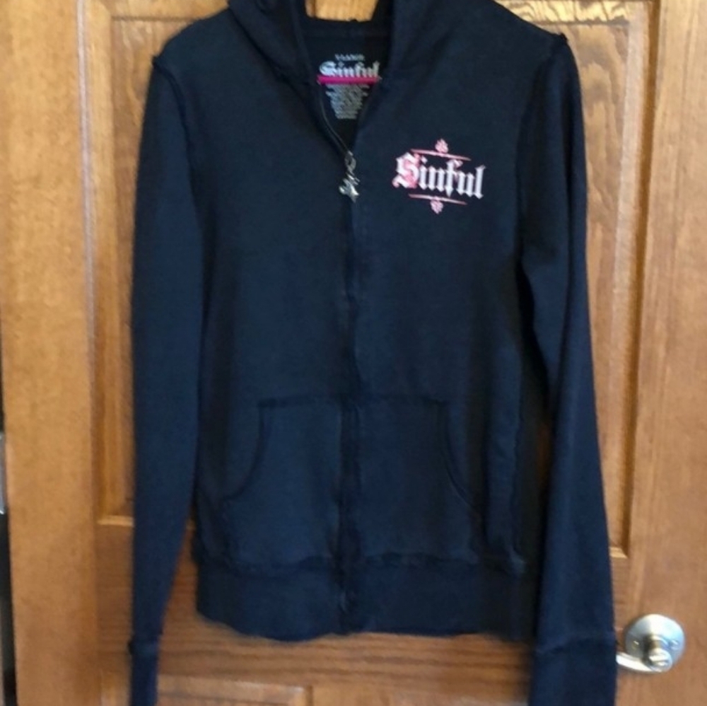 Sinful Rare Black Cotton Hoodie With Rhinestone Wings - Picture 4 of 7